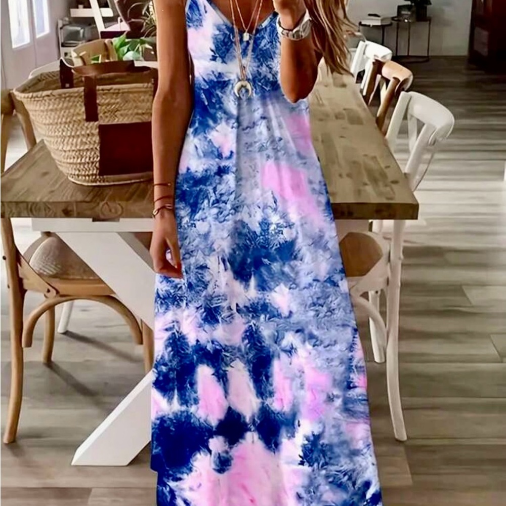 Blue and Pink Tie-Dye Maxi Dress